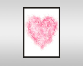 Aquarell Rosa Herz Wandkunst, Paar Kunstdruck, Valentinstag Wandkunst druckbares Poster, DIY Dekor, Schlafzimmer Malerei *Digitaler Download*