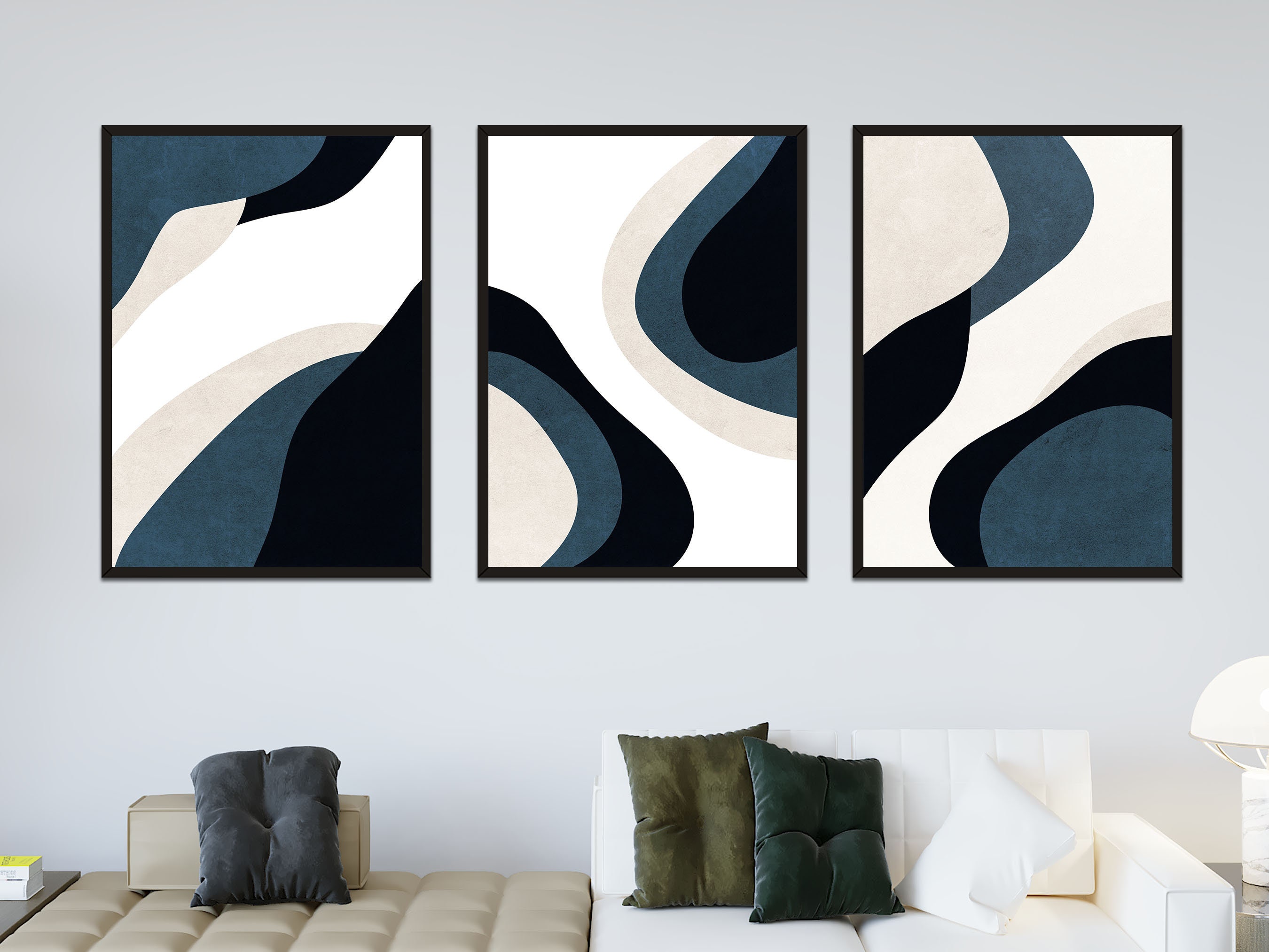 Navy Blue Mid Century Abstract Wall Art, Set of 3 Boho Wall Art Print ...