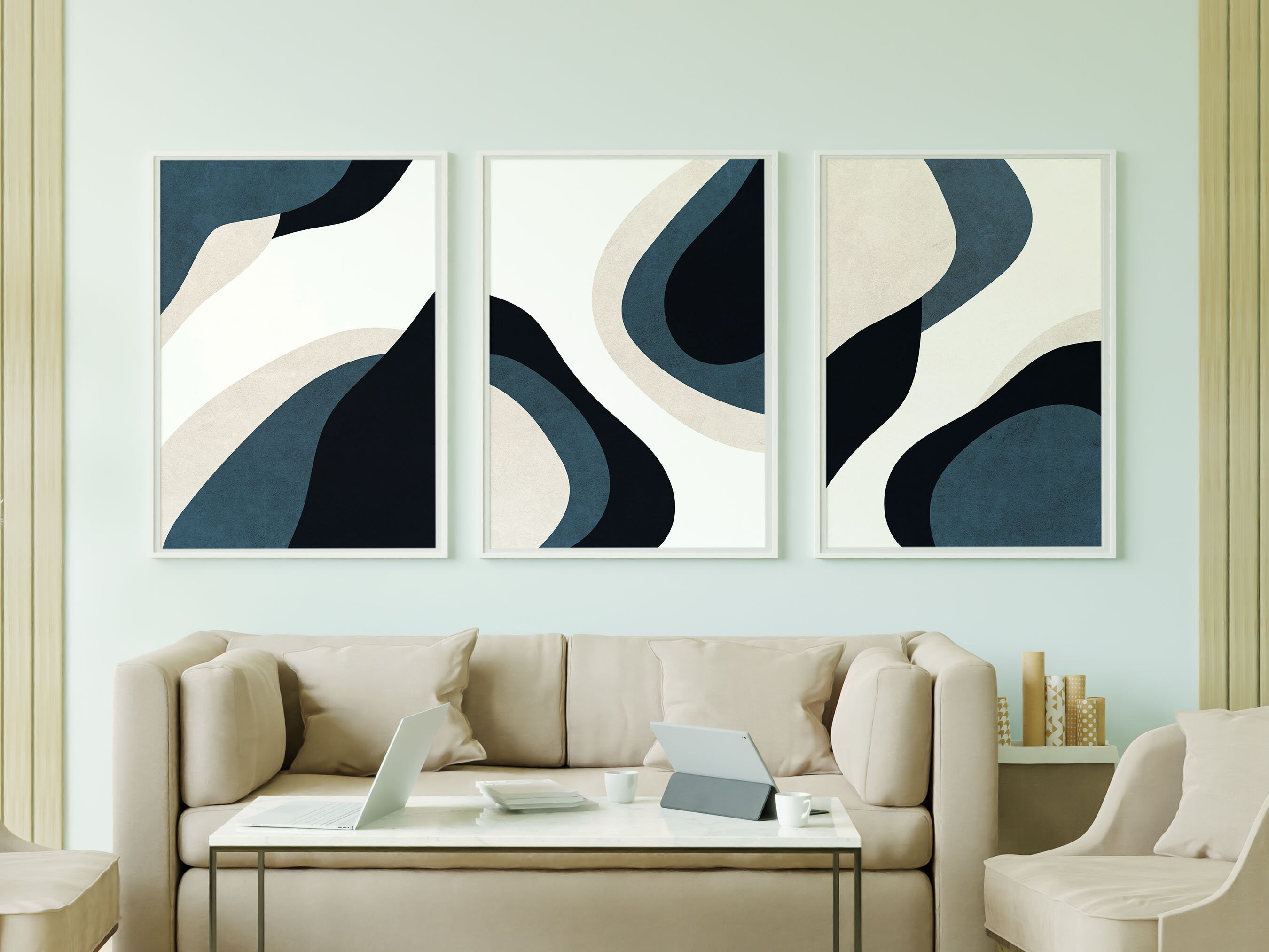 Navy Blue Mid Century Abstract Wall Art, Set of 3 Boho Wall Art Print ...