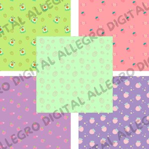 Peut inclure: Un ensemble de six motifs de papier num&eacute;rique pr&eacute;sentant une vari&eacute;t&eacute; de motifs mignons. Les motifs comprennent des fraises, des c&oelig;urs, des &eacute;toiles et des grenouilles. Les couleurs sont le rose, le vert et le violet.