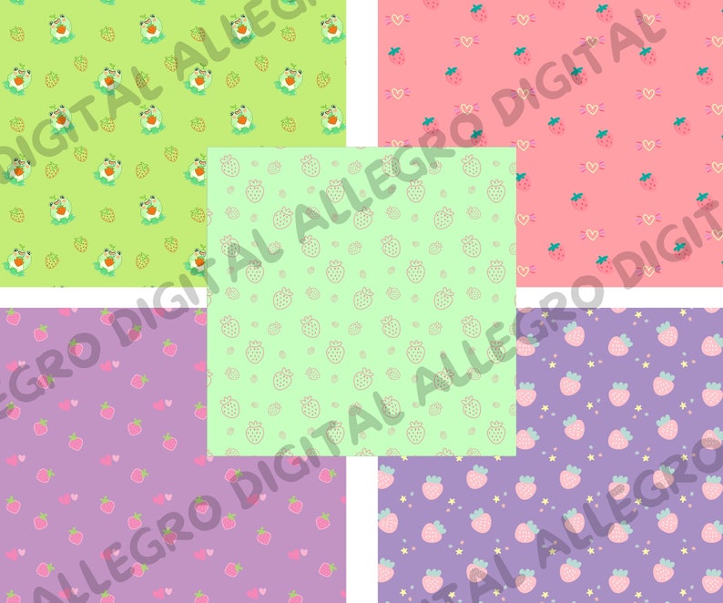 Peut inclure: Un ensemble de six motifs de papier num&eacute;rique pr&eacute;sentant une vari&eacute;t&eacute; de motifs mignons. Les motifs comprennent des fraises, des c&oelig;urs, des &eacute;toiles et des grenouilles. Les couleurs sont le rose, le vert et le violet.