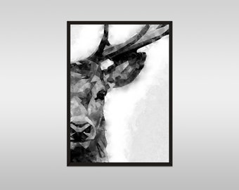 Watercolor Deer Wall Art Print, Black & White Forest Deer Art Print, Watercolour Grunge Modern Printable Poster Painting *Digital Download*
