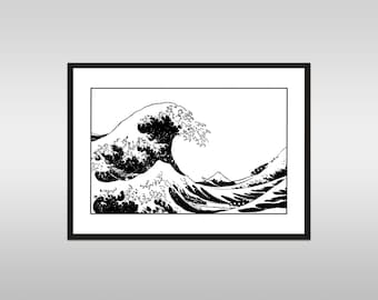Black Great Wave Kanagawa Wall Art, Impresión estética japonesa, Póster imprimible Great Wave Off, Pintura de arte Hokusai * Descarga digital *