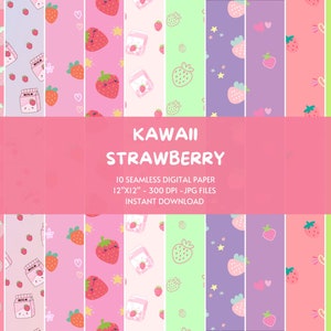Papiers numériques à la fraise Kawaii, papier à motifs de fraises sans soudure, papier scrapbook à la fraise, emballage de papier numérique à la fraise