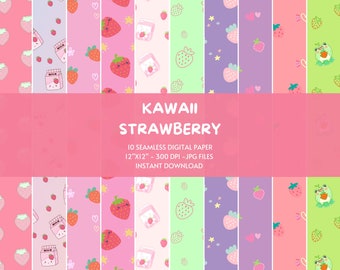 Kawaii Strawberry Digital Papers, Seamless Strawberries Patterned Paper, Strawberry Scrapbook Paper, Strawberry Digital Paper Pack