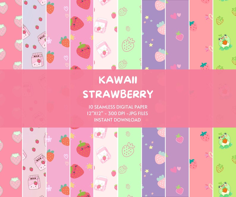 Peut inclure: Un ensemble de 10 papiers num&eacute;riques sur le th&egrave;me de la fraise kawaii. Les papiers mesurent 30,5 cm sur 30,5 cm et 300 DPI. Les motifs comprennent des fraises, des cartons de lait, des &eacute;toiles, des c&oelig;urs et des grenouilles. Les papiers sont parfaits pour le scrapbooking, la fabrication de cartes et autres projets d'artisanat.