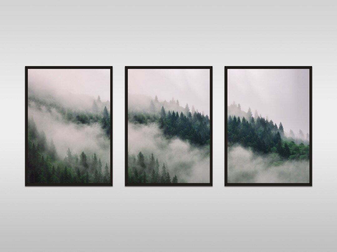 3 Piece Foggy Forest Wall Art Print, Mountain Fog Trees Landscape Art ...