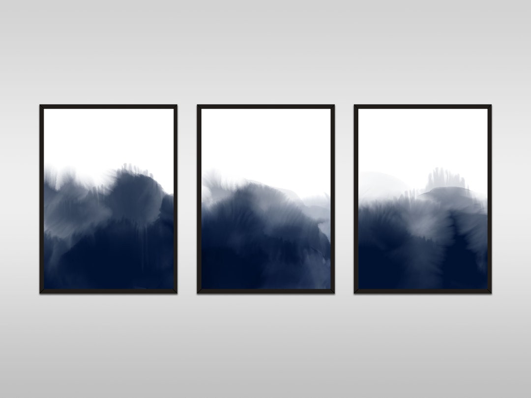 Indigo Blue Watercolor Abstract Wall Art, Set of 3 Wall Art Print ...