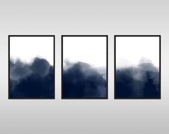 Indigo Blue Watercolor Abstract Wall Art, Set of 3 Wall Art Print, Modern Home Decor Printable, Watercolour 3 Piece Art *Digital Download*