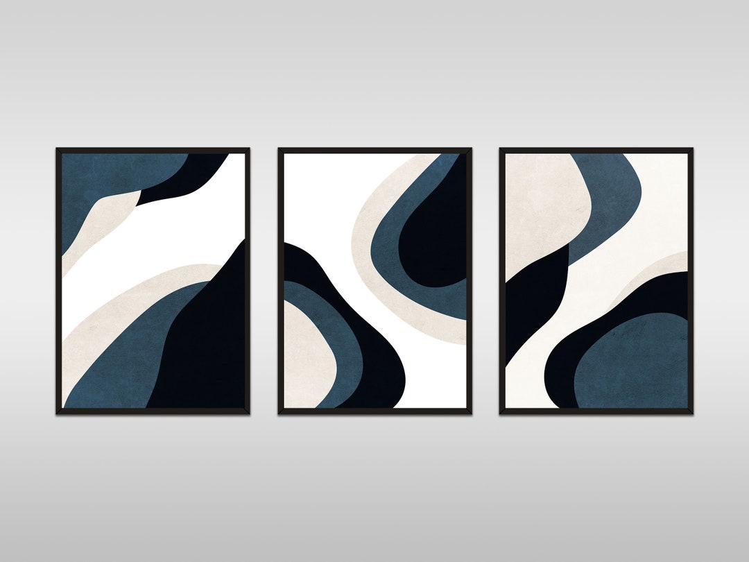 Navy Blue Mid Century Abstract Wall Art, Set of 3 Boho Wall Art Print ...