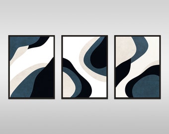 Navy Blue Mid Century Abstract Wall Art, Set of 3 Boho Wall Art Print, Modern Home Decor Printable, Bohemian 3 Piece Art *Digital Download*