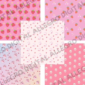 Peut inclure: Quatre motifs de papier num&eacute;rique avec des fonds roses et diff&eacute;rents motifs. Les motifs comprennent des fraises, des cartons de lait et des &eacute;toiles.