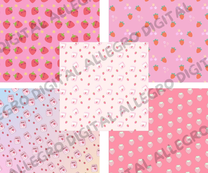 Peut inclure: Quatre motifs de papier num&eacute;rique avec des fonds roses et diff&eacute;rents motifs. Les motifs comprennent des fraises, des cartons de lait et des &eacute;toiles.