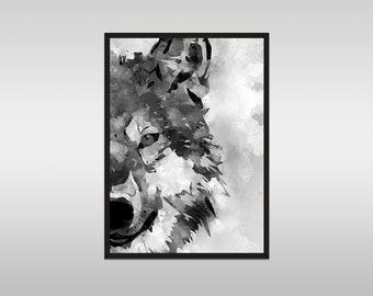Watercolor Wolf Wall Art Print, Black & White Forest Wolf Art Print, Watercolour Grunge Modern Printable Poster Painting *Digital Download*