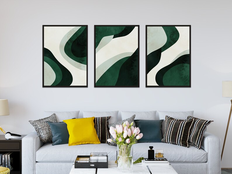 Set of 3 Midnight Green Wall Art Dark Green Abstract Art Etsy