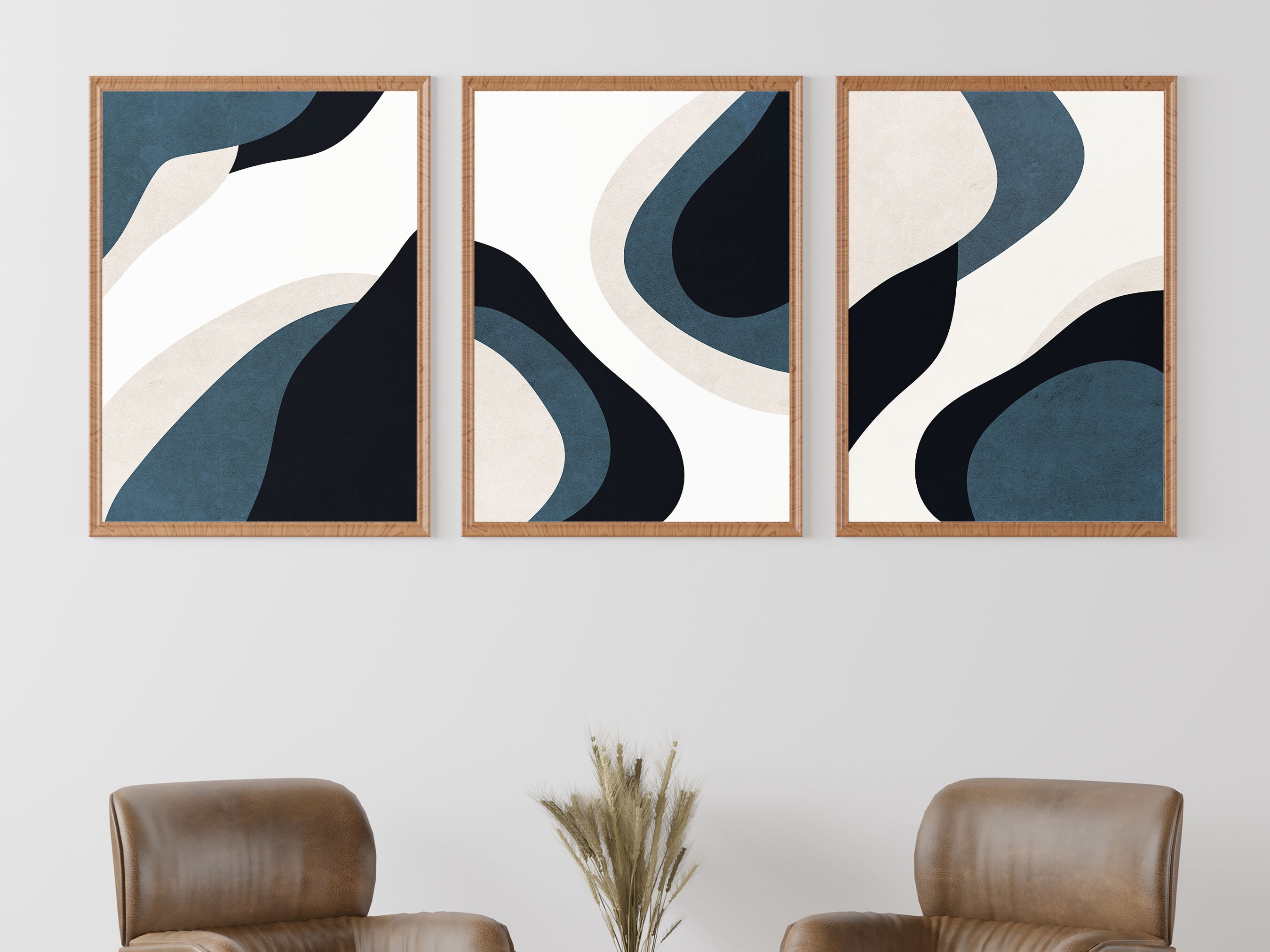 Navy Blue Mid Century Abstract Wall Art, Set of 3 Boho Wall Art Print ...