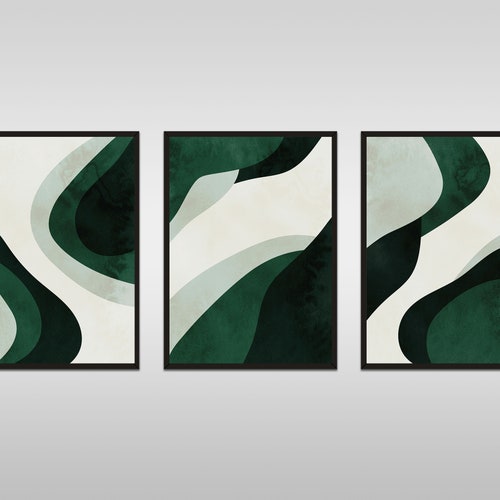 Set of 3 Midnight Green Wall Art Dark Green Abstract Art Etsy