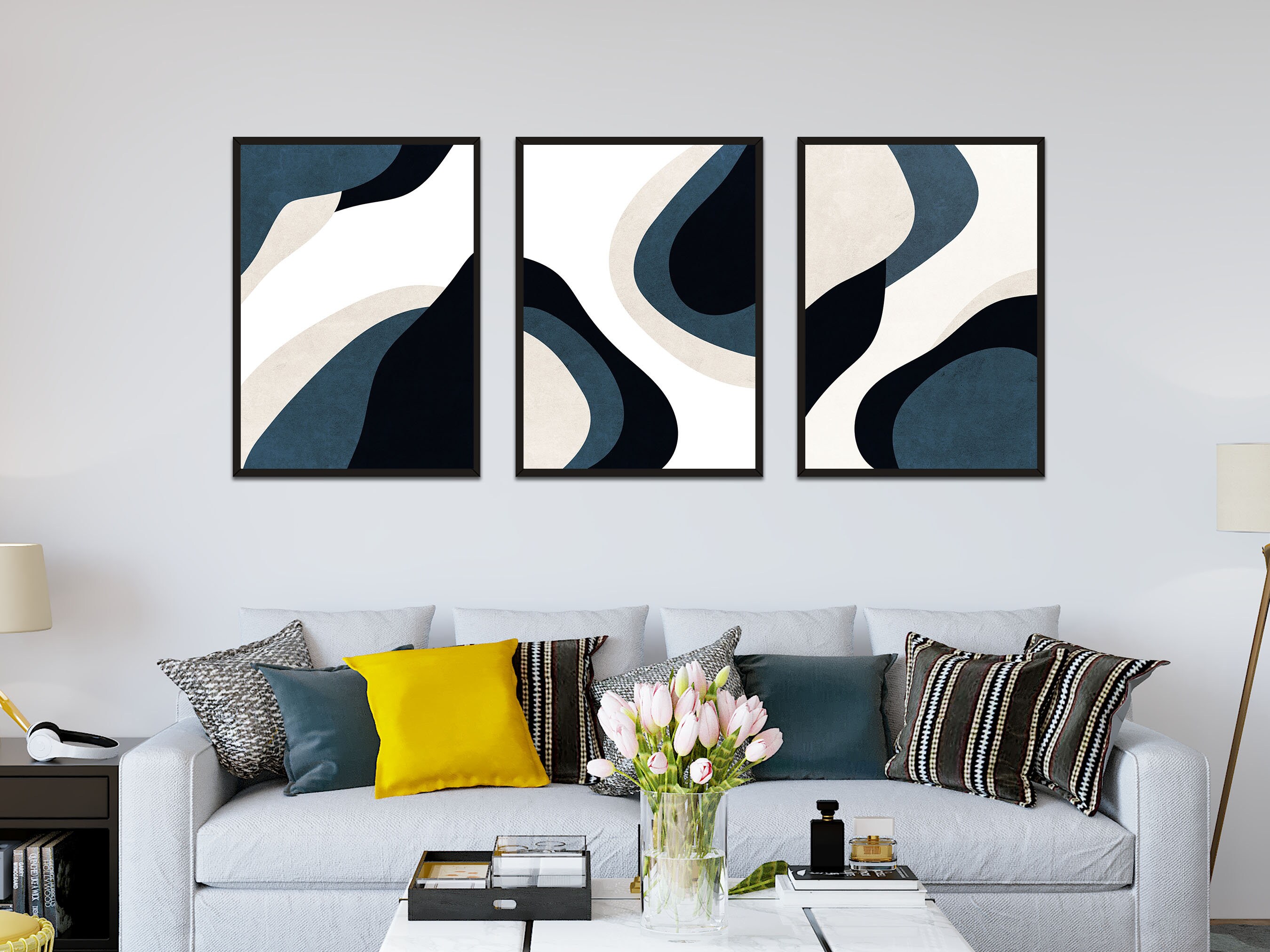 Navy Blue Mid Century Abstract Wall Art, Set of 3 Boho Wall Art Print ...