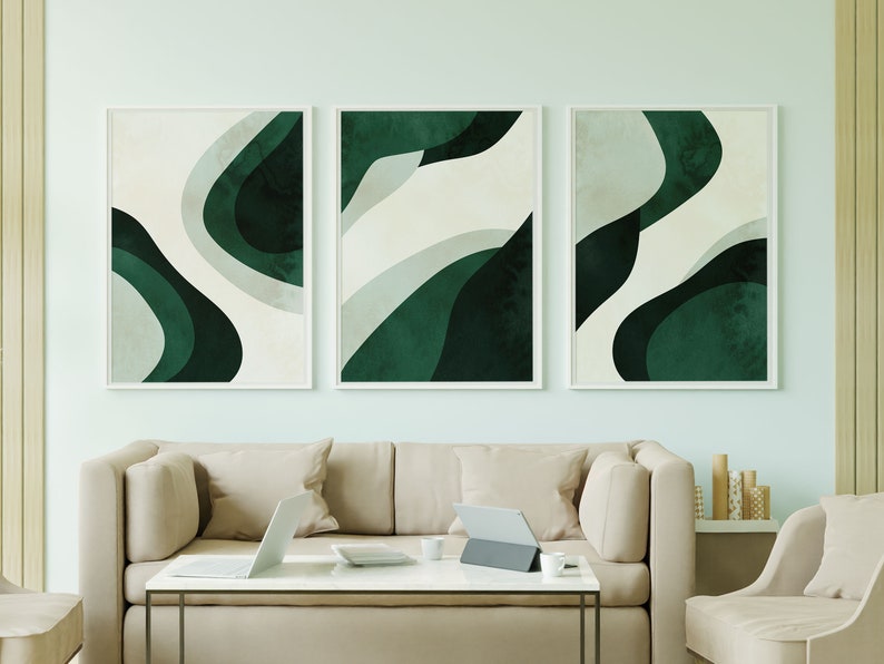 Set of 3 Midnight Green Wall Art Dark Green Abstract Art Etsy