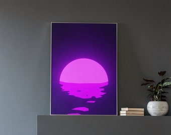 Vaporwave Neon Purple Sunset Sea Wall Art, Aesthetic Art Print, Retro Futuristic Printable Poster Gift, Sunrise Painting *Digital Download*