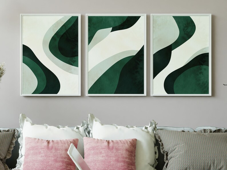 Set of 3 Midnight Green Wall Art Dark Green Abstract Art Etsy