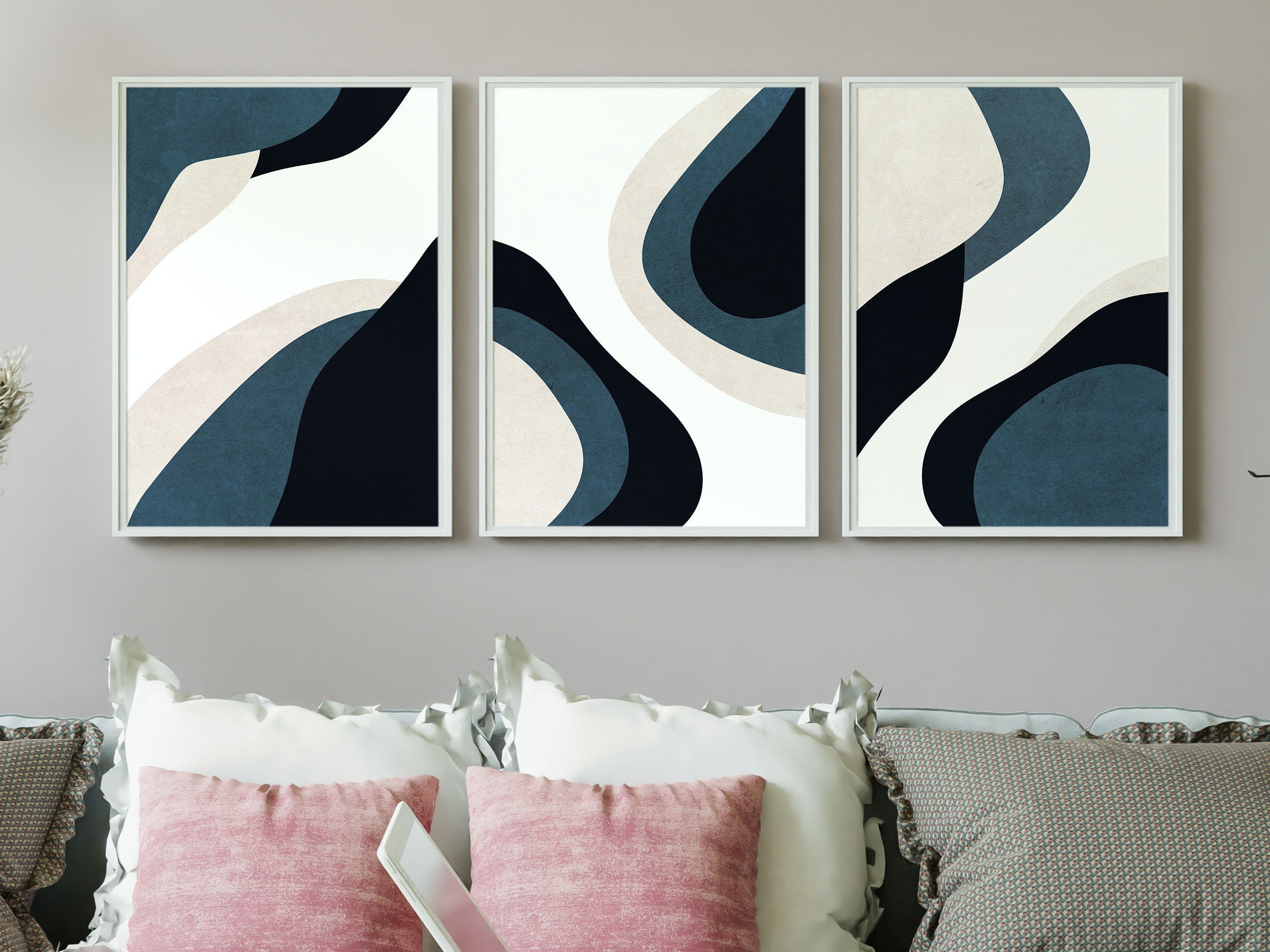 Navy Blue Mid Century Abstract Wall Art, Set of 3 Boho Wall Art Print ...