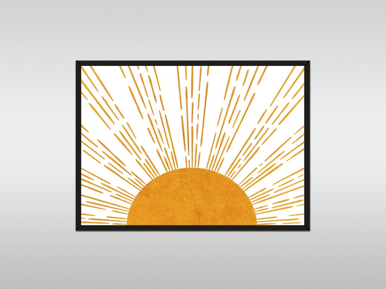 Puede incluir: Una impresi&oacute;n de arte minimalista que presenta un sol estilizado con rayos de color amarillo dorado que irradian hacia afuera sobre un fondo blanco. El sol es una media luna con una superficie texturizada ligeramente rugosa.