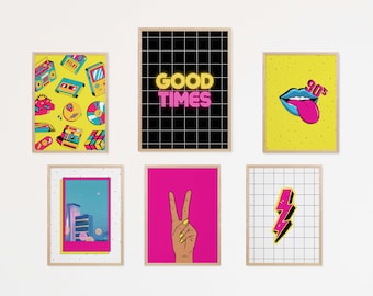 Conjunto de arte de pared de galería retro de los años 90 de 6, impresiones de arte de decoración de pared de dormitorio vintage de los años 80, arte pop imprimible, decoración del hogar de retroceso *Descarga digital*