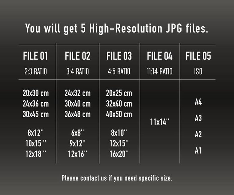 Puede incluir: Una tabla que muestra cinco tama&ntilde;os de archivo diferentes para archivos JPG de alta resoluci&oacute;n. Los tama&ntilde;os se enumeran en cent&iacute;metros y pulgadas, con opciones para proporciones de 2:3, 3:4, 4:5 y 11:14, as&iacute; como tama&ntilde;os est&aacute;ndar ISO como A4, A3, A2 y A1.