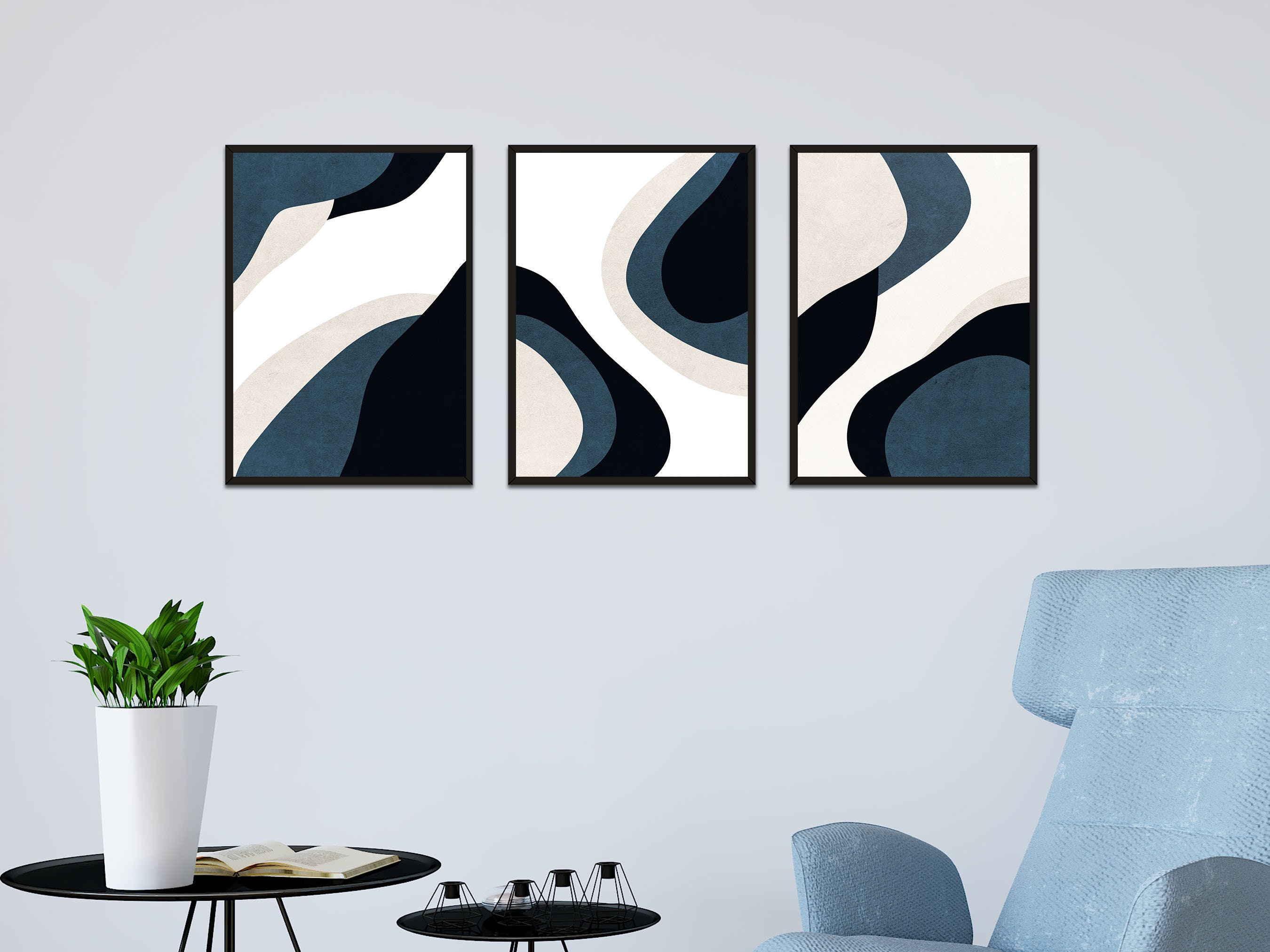 Navy Blue Mid Century Abstract Wall Art, Set of 3 Boho Wall Art Print ...