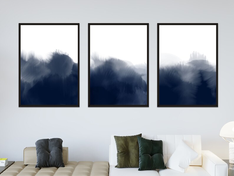 Indigo Blue Watercolor Abstract Wall Art, Set of 3 Wall Art Print ...