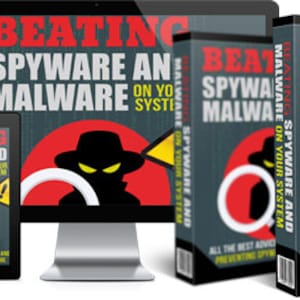 Puede incluir: Una portada de producto digital con un diseño negro y rojo. La portada presenta una ilustración de dibujos animados de una persona con un sombrero negro y gafas de sol, sosteniendo una lupa. El texto en la portada dice "Venciendo el spyware y el malware en tu sistema".