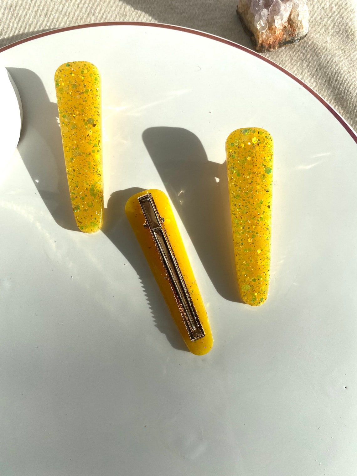 Set of Three Yellow Glitter Hair Clips Etsy