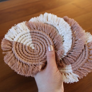 Macrame Coaster set of 4, blush, black, or jade green and cream, modern bohemian natural home decor, plant trivet