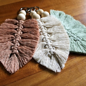 Feather Leaf Macrame Keychain Accessory~FREE SHIPPING~Keyring Car Decor Purse Backpack Small Wall Hanging Boho Chic Cute Gift Monochrome