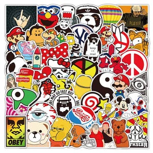 May include: A large collection of assorted vinyl stickers featuring various pop culture characters, logos, symbols, and graphic illustrations in a wide array of vibrant colours, including Mario, Bart Simpson, Mickey Mouse, and Pepsi branding.