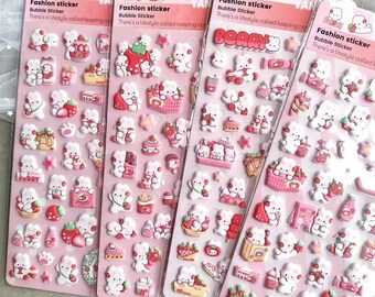 4 Sheets 3D Cute Strawberry Bear Cartoon Pack Foam Puffy Stickers for Kids Rewards, Kawaii Scrapbooking Journal Phone Case Laptop Decoration