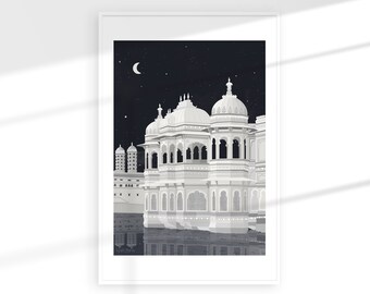 Taj Lake Palace Udaipur at Night Print / India Print / India Illustration
