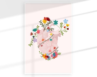 Heart Illustration / Human Heart Drawing / Floral Heart Illustration / Plant Illustration / Wall Art
