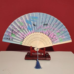 Silk Fabric Bamboo Rib Handwoven Fan with Pouch, Beautiful Butterfly & Flower Print, Gift for Girls, Wooden Hand Fan