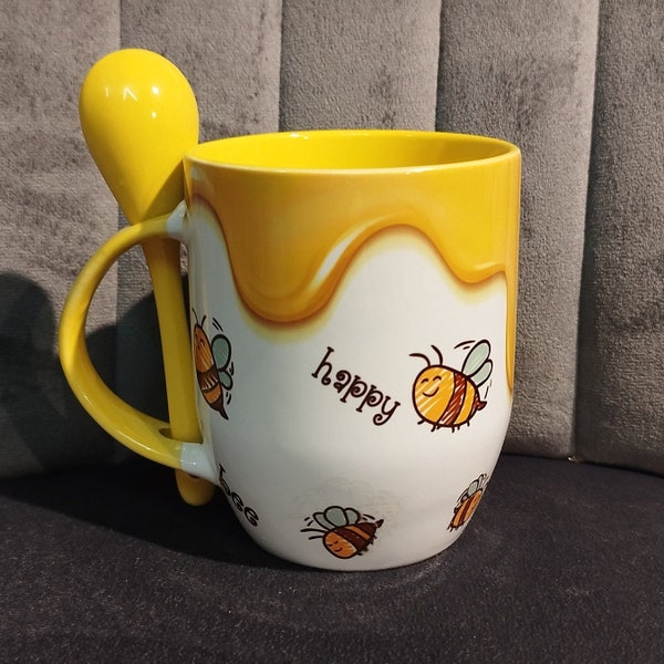 bee happy mug, mug full of honey, bee cup, beekeeper cup, funny mug gift, birthday gift, personal gift