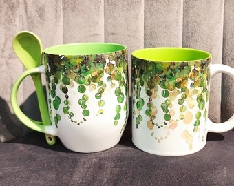 Grüne Rebemuster-Kaffeetasse, grüne Rebemuster-Kaffeetasse mit Löffel. schönes botanisches Geschenk
