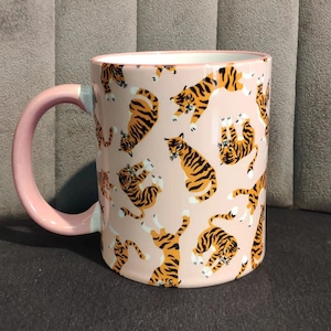 mug Pink tiger, cute big cat.Tiger coffee mug, for you who love tiger, Asian tiger painting. Hand drawn tiger patterns