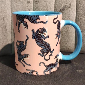 Tiger coffee cup, for you who love tigers, Asian tiger painting, a gift for men. Hand drawn tiger pattern