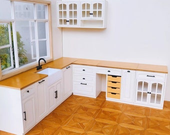 1:6 Dollhouse Miniature Kitchen Cabinet Set, Sink, Countertop