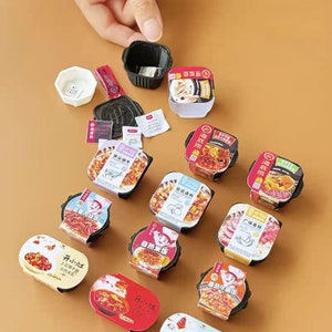 Peut inclure: Dix contenants en plastique miniatures de repas instantanés, chacun avec une saveur et un design différents. Les contenants sont disposés sur une surface brune. Les contenants présentent du texte chinois et des images de nourriture.