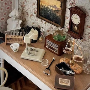 Può includere: Una stanza di una casa delle bambole in miniatura con una scrivania in legno, un microscopio, uno stetoscopio, una bilancia, un orologio, una boccia di pesce e una radio. La stanza è decorata con carta da parati floreale.