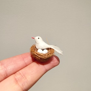 May include: A small white bird figurine sitting in a brown woven nest with three white eggs. The nest is on a finger.