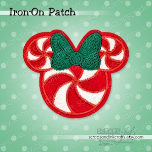 PEPPERMINT MOUSE W/BOW #2 Embroidered Iron-On Patch for Crafts, Clothing, Bags & Home Décor- 70241