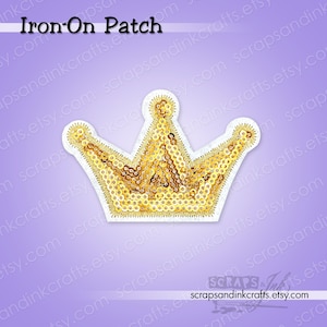 May include: Gold sequin crown iron-on patch with a white border. The crown is filled with gold sequins and has a three-point design. The text "Iron-On Patch" is at the top of the image.